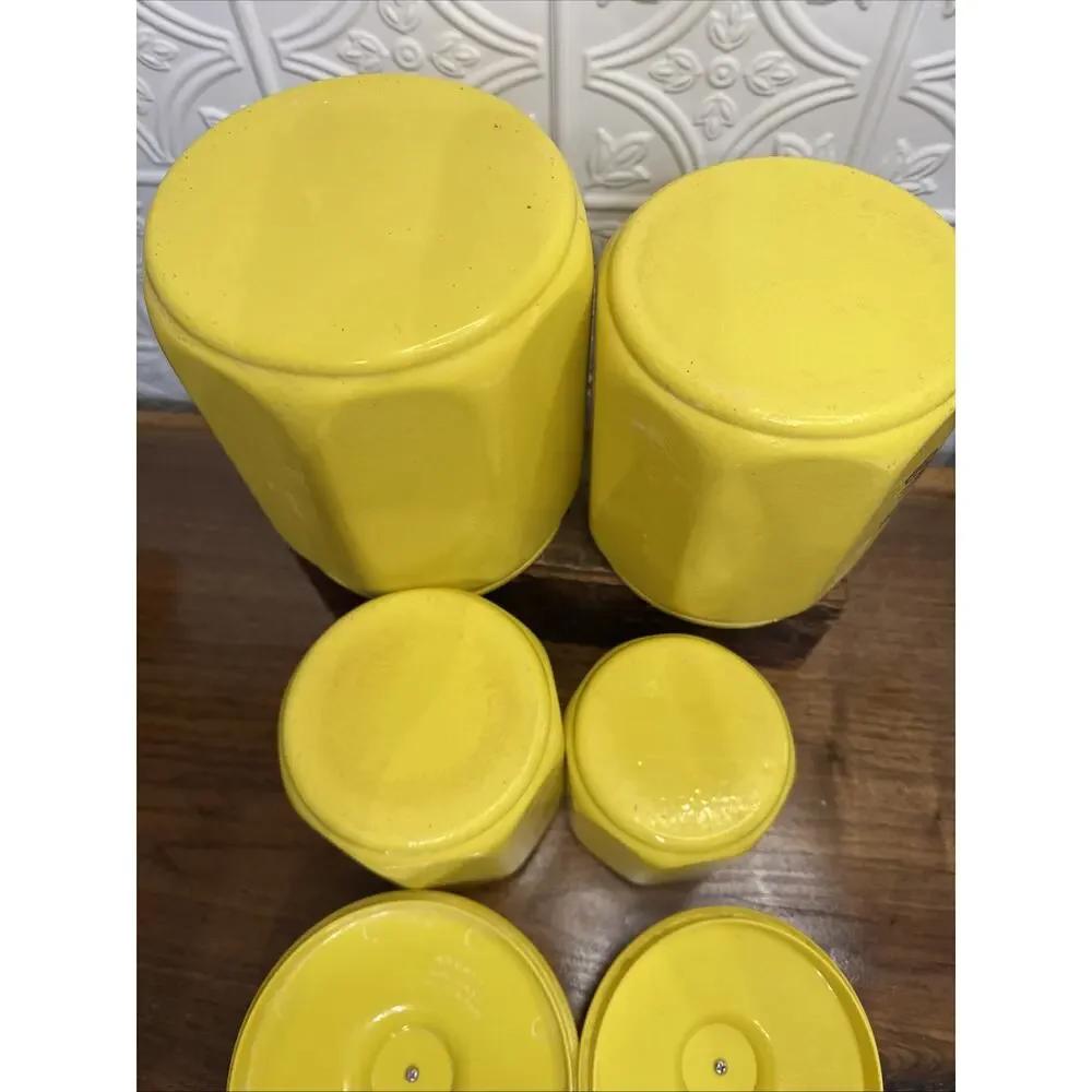 Vintage Kromex Faceted Aluminum 4 Canister Set Yellow Fruit Floral Plastic Lids